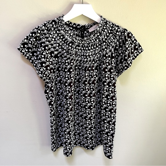 Loft ~ Embroidered Eyelet High Ruffle Neck Smocked Short Sleeve Top in Medium - Picture 2 of 13